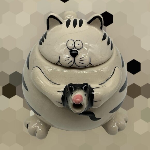 Pier 1 Imports Teapot Chubby Black & White Striped Cat Holding a Mouse as Spout - Picture 3 of 16
